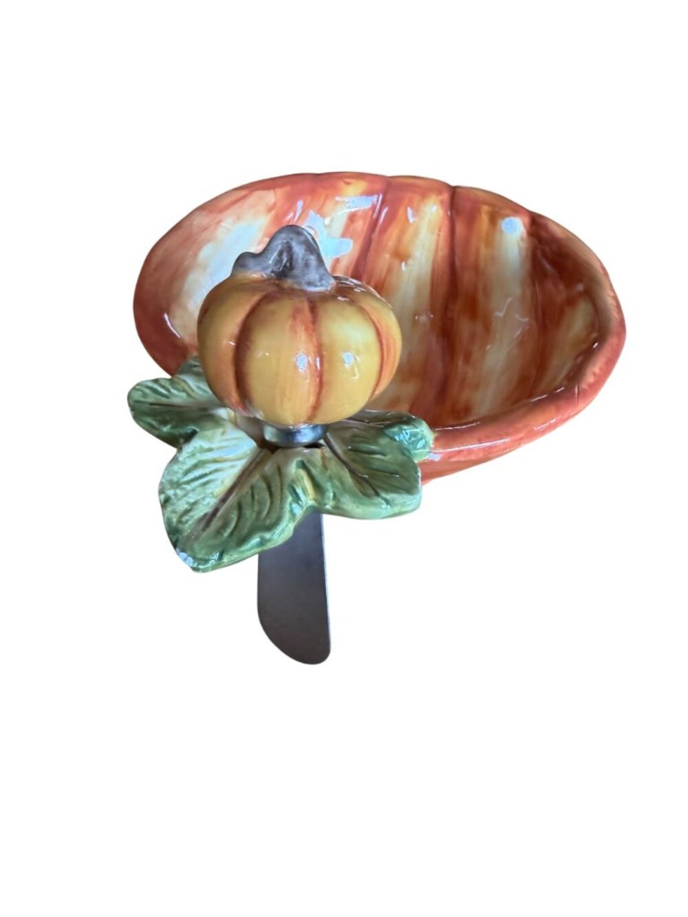 Ceramic Pumpkin Dip Serving Bowl Spreader 6" Fall Orange Glazed - Picture 3 of 9